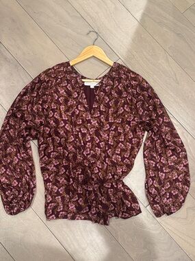 LOFT Burgundy and Pink Floral Peplum Blouse